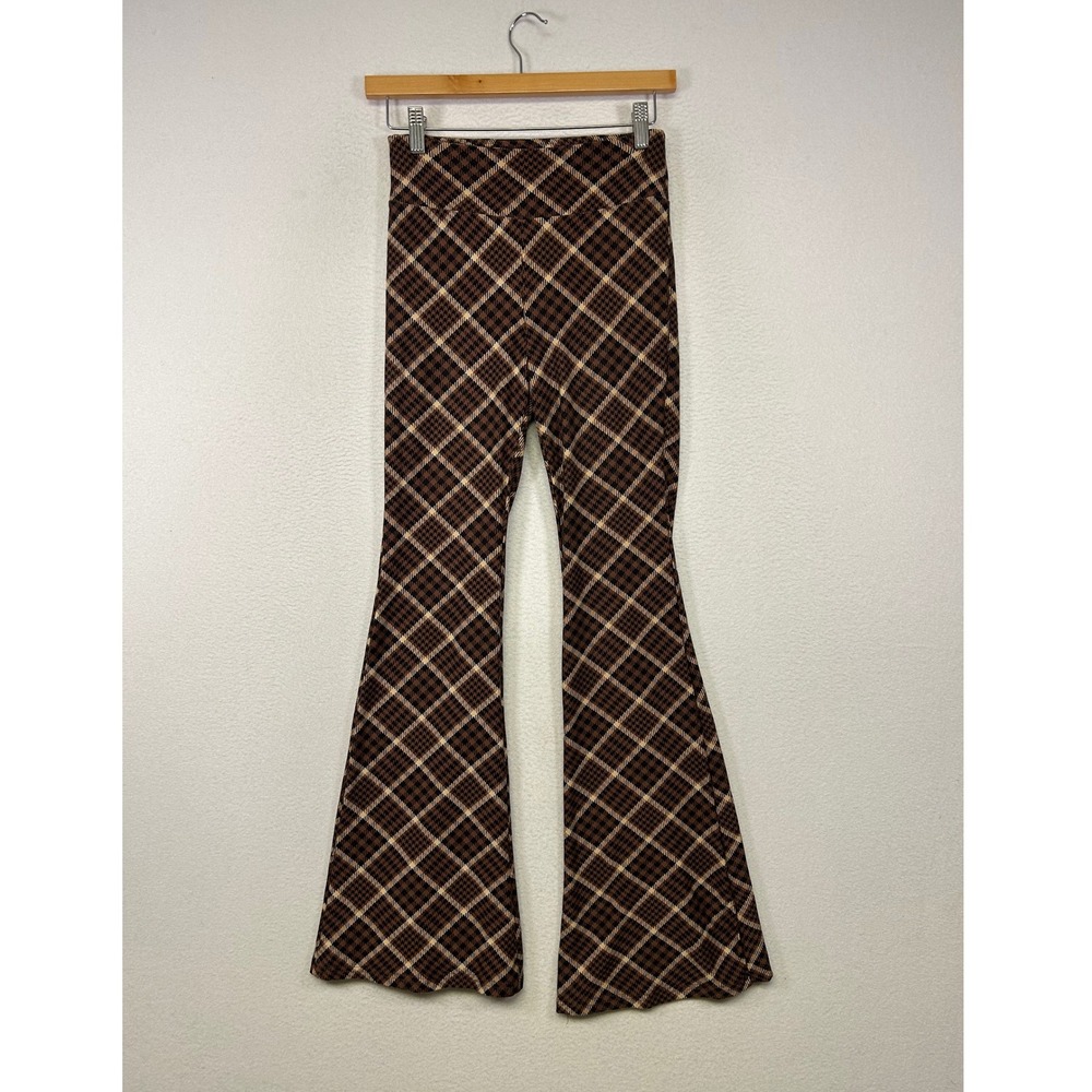 Retro 70s No Boundaries Womens XS Brown Plaid High Rise Flare Bell Bottom Pants